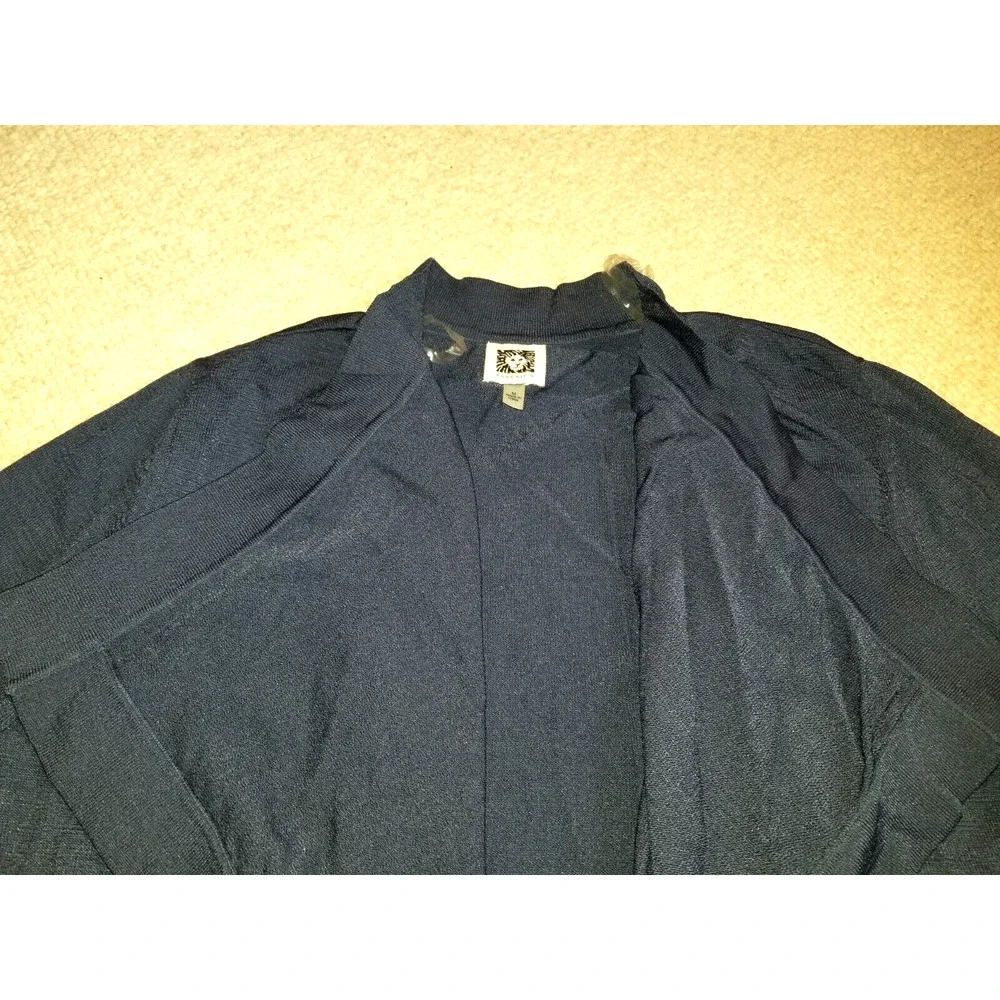Womens Sweater-ANNE KLEIN- blue stretch knit open front cardigan ls Capsule-M